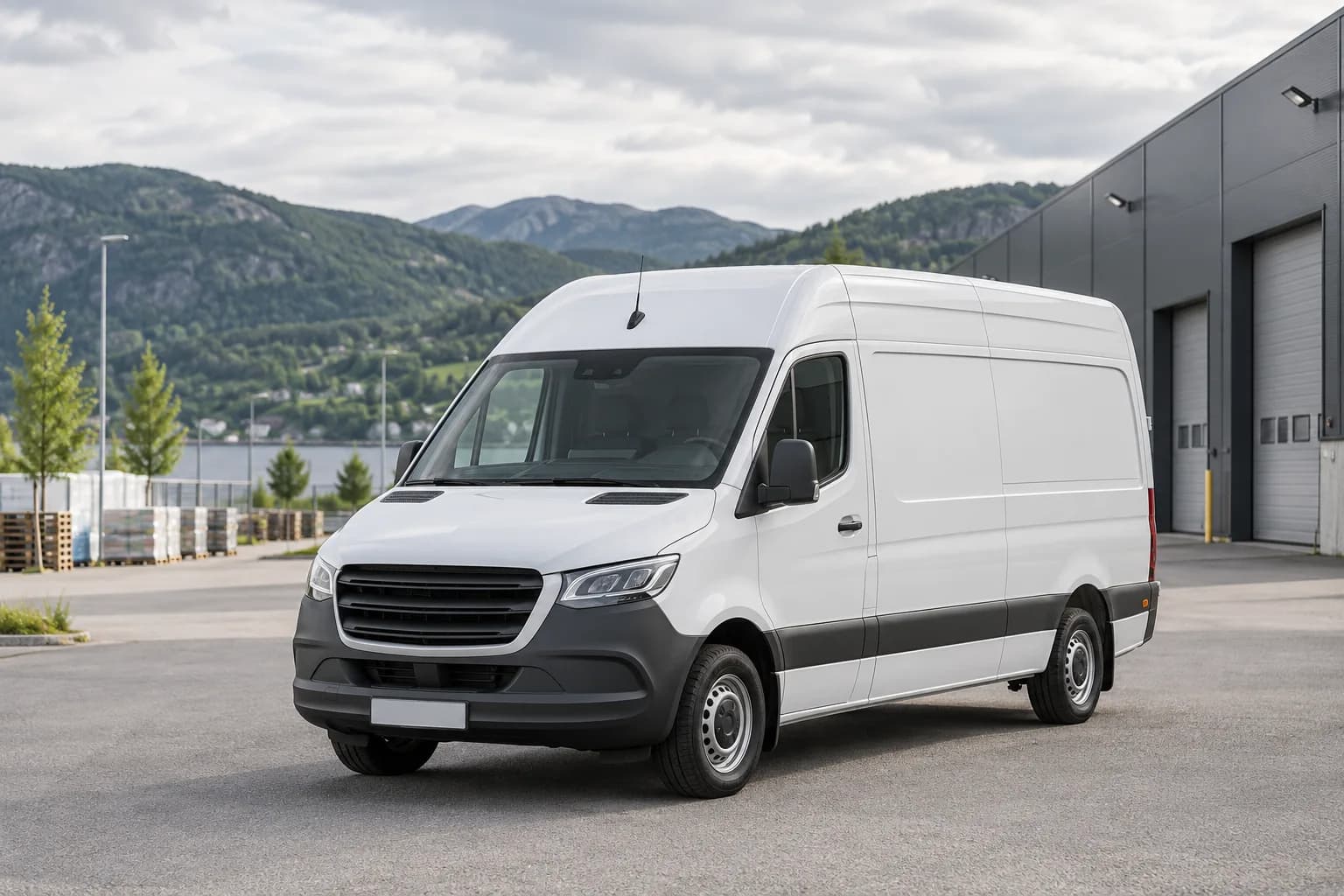 Hvit varebil parkert ved et lager