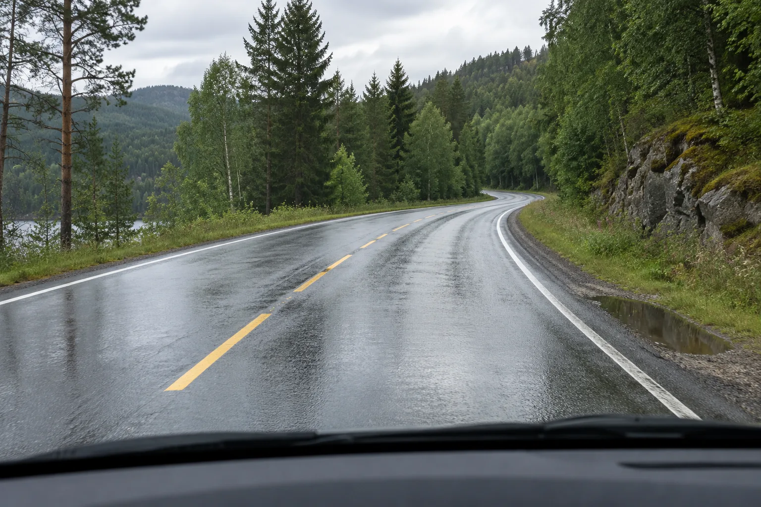 Illustrert trafikksituasjon på våt landevei